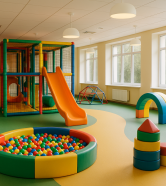 Loc de joacă interior colorat, luminos și primitor, fără copii, potrivit pentru activități de vacanță.