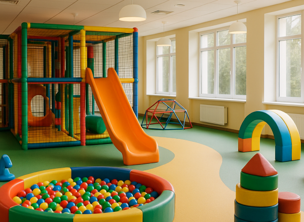 Loc de joacă interior colorat, luminos și primitor, fără copii, potrivit pentru activități de vacanță.