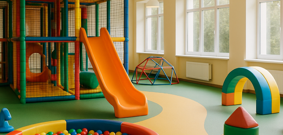 Loc de joacă interior colorat, luminos și primitor, fără copii, potrivit pentru activități de vacanță.