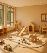 Spațiu de joacă interior modern, colorat, cu jucării și materiale de artă, lumină naturală, atmosferă relaxată