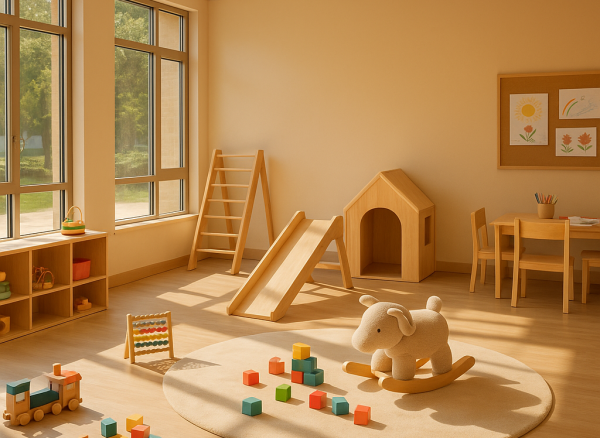 Spațiu de joacă interior modern, colorat, cu jucării și materiale de artă, lumină naturală, atmosferă relaxată