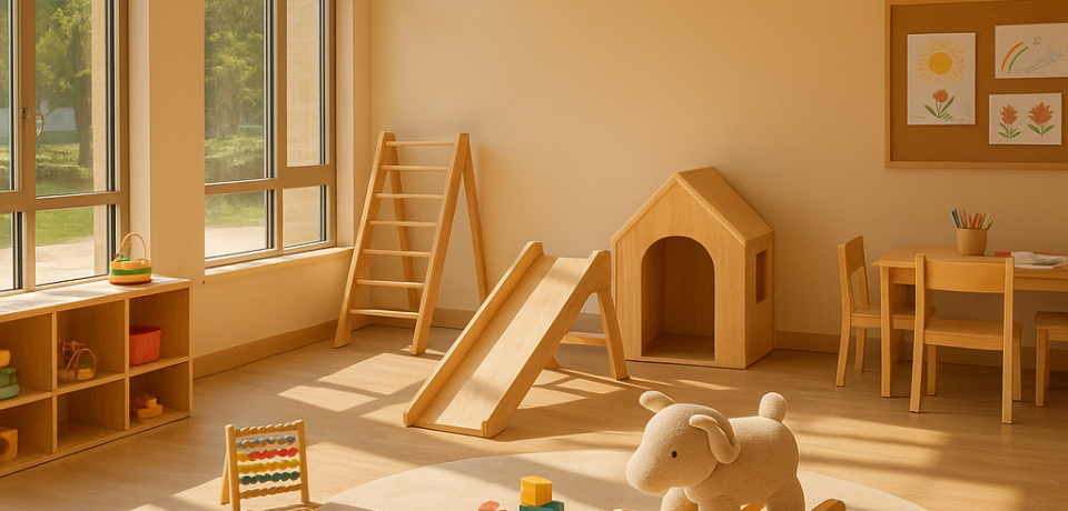 Spațiu de joacă interior modern, colorat, cu jucării și materiale de artă, lumină naturală, atmosferă relaxată