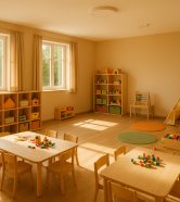 Interior fotorealist al unei săli de activități pentru tabără de vară, culori calde, fără persoane