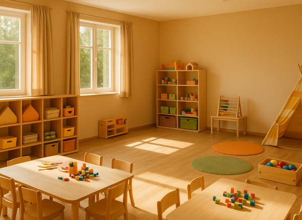 Interior fotorealist al unei săli de activități pentru tabără de vară, culori calde, fără persoane