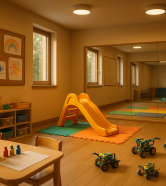 featured-1779178303875 Spațiu de joacă interior cu materiale pentru arte, oglinzi de dans și kituri de robotică, atmosferă caldă, fără persoane.