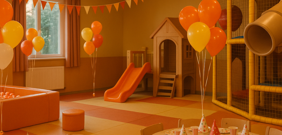 Spațiu de joacă interior decorat festiv pentru petrecere copii, atmosferă caldă și primitoare, fără persoane