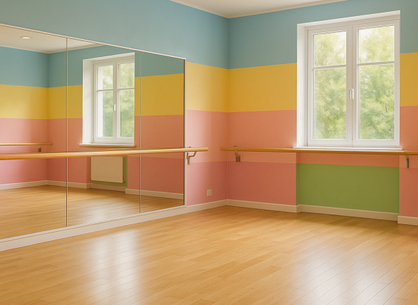 Studiou de dans pentru copii, cu pereți colorați, oglinzi mari și podea din lemn, luminat natural, fără persoane