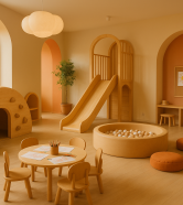 featured-1780907557045 Spațiu de joacă interior cu zone de activități creative, culori calde, fără persoane, atmosferă primitoare.